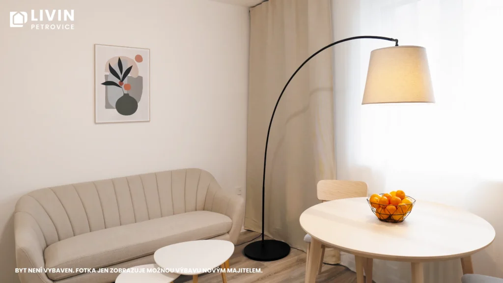 Vizualizace kuchyně s jídelním koutem v bytě 2+kk – projekt LIVIN Petrovice